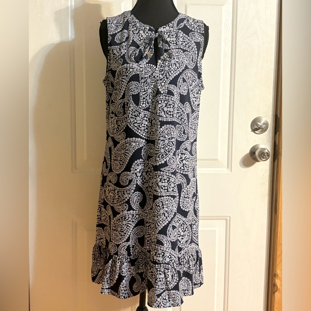 Michael Kors Navy and White Paisley Tie-Neck Midi Dress size Medium NWT